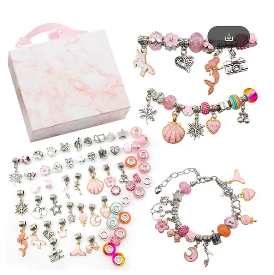 Charm kit, pink color, charms and bracelets for girls.