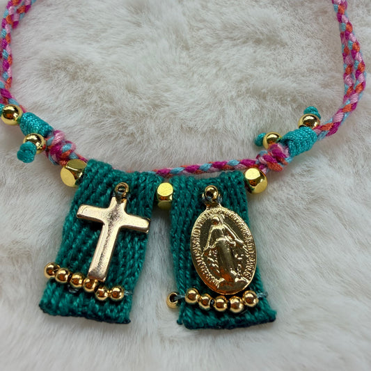 Coleccion Escapulario- Pulsera Tela color aqua-rosa