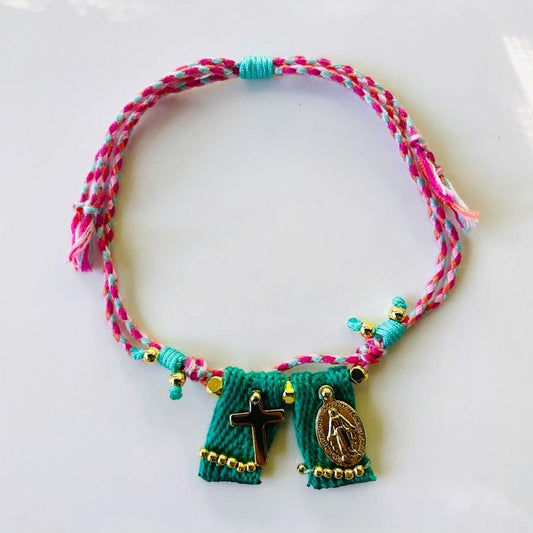 Coleccion Escapulario- Pulsera Tela color aqua-rosa